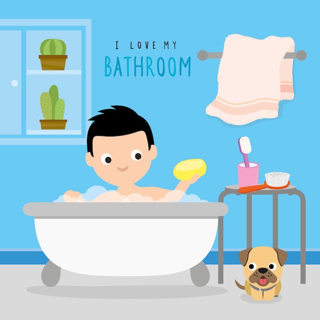 Cuarto de baño home boy actividad rutina dairy towel shower personaje de dibujos animados vector