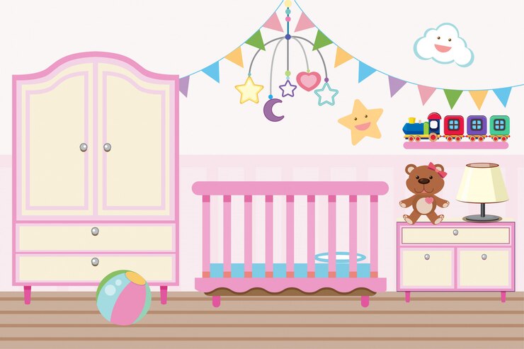 Vector cuarto de bebe con cuna y closet
