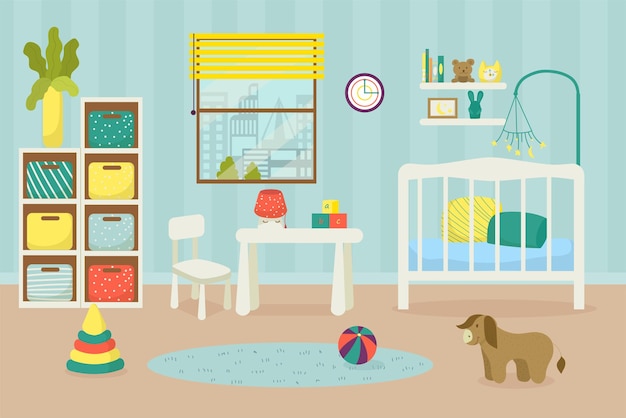 Vector cuarto de los niños del cuarto de niños para el dormitorio del niño del ejemplo del vector de los muebles interiores del hogar del bebé recién nacido