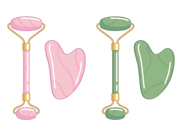 Cuarzo rosa y jade rodillo facial y herramienta de gua sha Ilustración de rutina de masaje facial