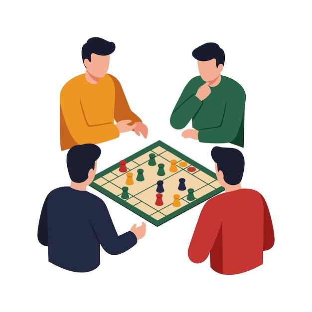 Cuatro amigos jugando un juego de mesa en una ilustración vectorial de estilo plano