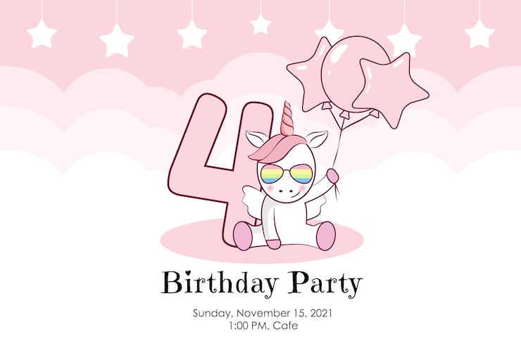Vector cuatro años de nacimiento. invitación de cumpleaños para niña linda unicornio globos y nubes en rosa