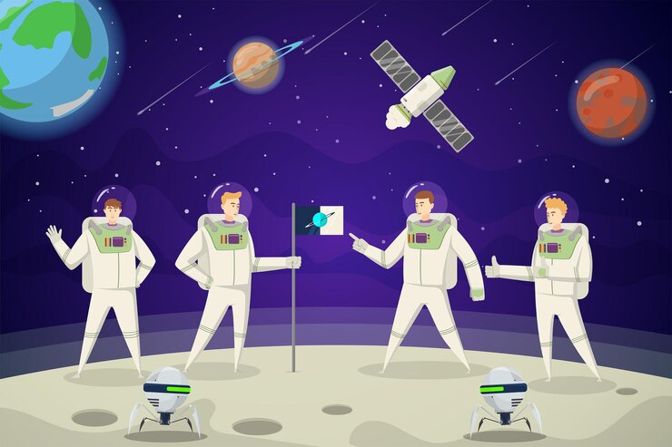 Vector cuatro astronautas en la luna
