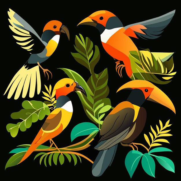 Vector cuatro aves aisladas de la selva amazónica