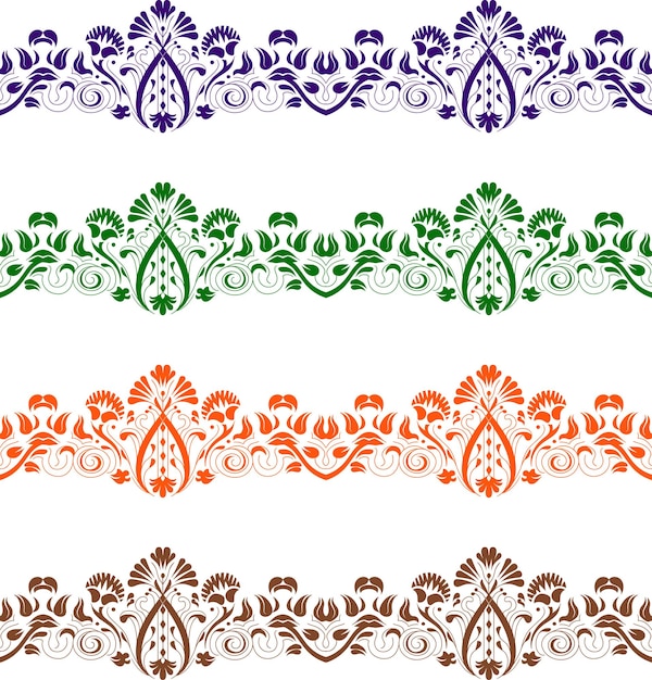 Cuatro bandas decorativas horizontales con patrones repetidos de flores y hojas de diferentes colores