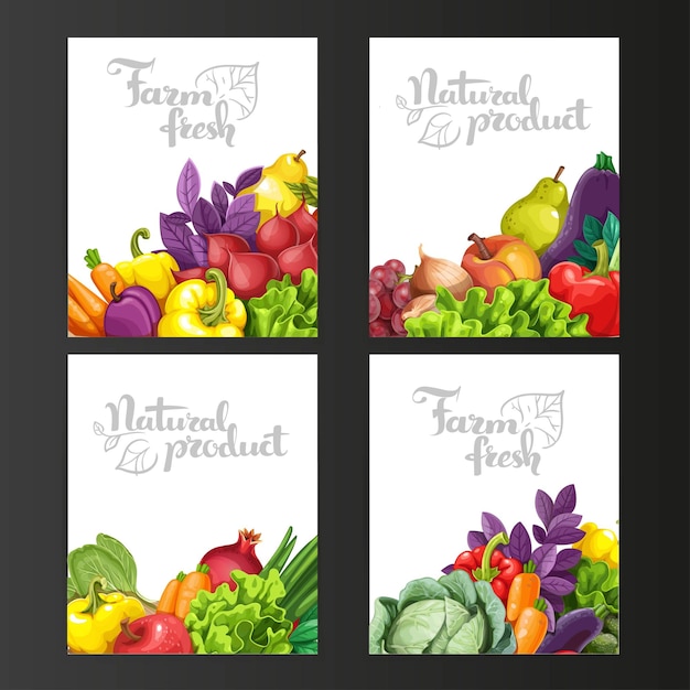 Cuatro banderas verticales con frutas y verduras frescas en un negro