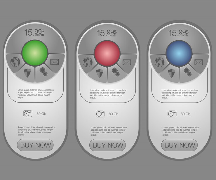 Vector cuatro banner para las tarifas y listas de precios. elementos web plan de alojamiento. para la aplicación web plan de sitio web en piso.