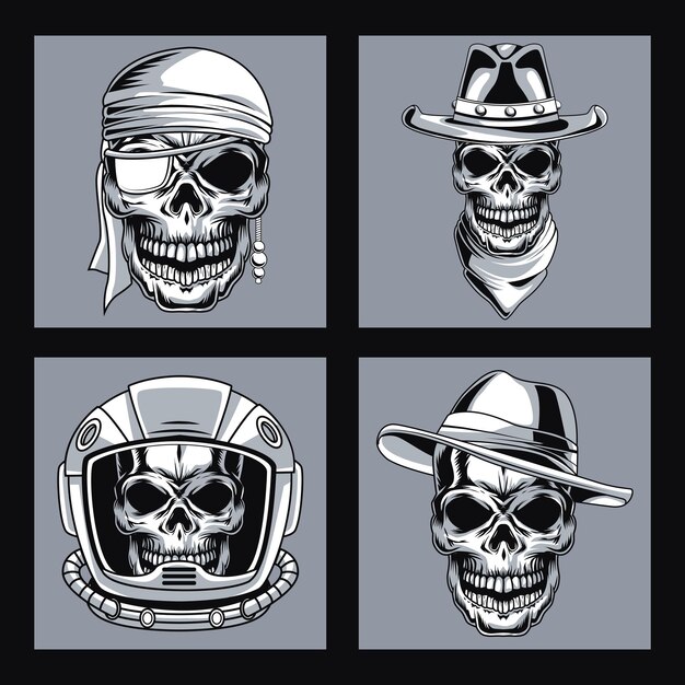 Vector cuatro cabezas de calaveras dibujadas estilo