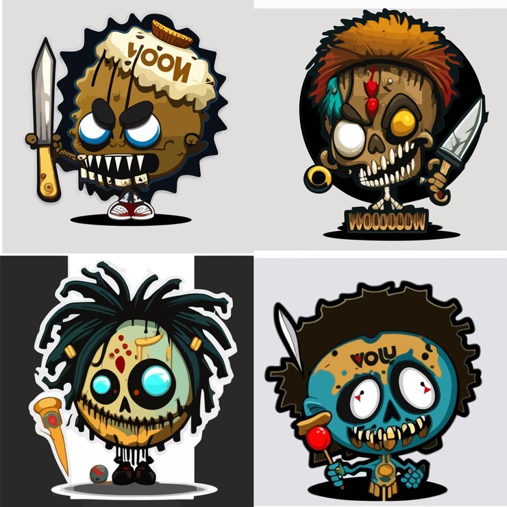 Vector cuatro caricaturas espeluznantes con cuchillos y otras armas