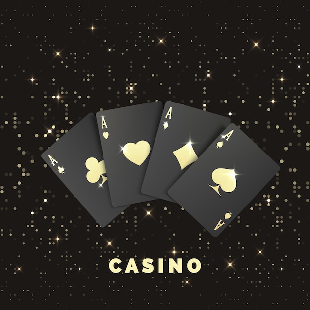 Vector cuatro cartas de póquer negras con etiqueta dorada. quads o cuatro de una clase por as. pancarta o póster de casino en estilo real. ilustración vectorial