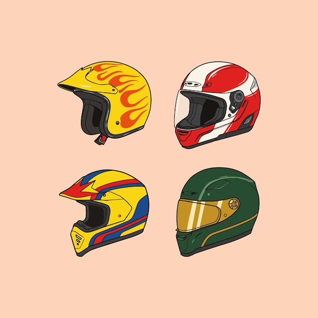 Cuatro cascos de motocicleta retro geniales en colores y diseños audaces Un divertido estilo de arte gráfico captura la energía de las carreras clásicas