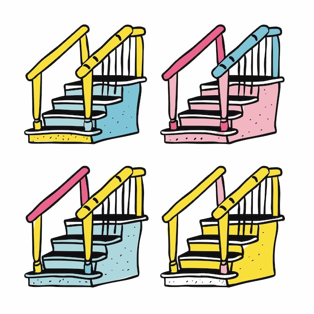 Cuatro coloridas diapositivas de escaleras al estilo de dibujos animados con diferentes combinaciones de colores diseño simplista