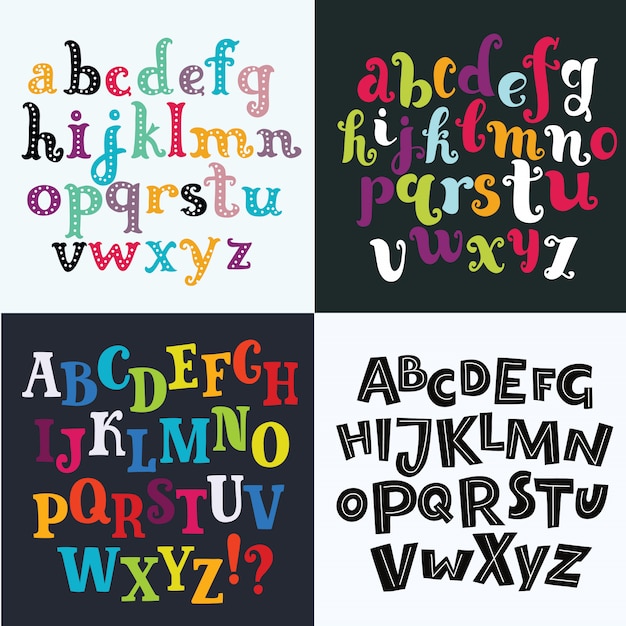 Vector cuatro coloridos alfabetos ingleses dibujados a mano. fuente superior, una decorada con hojas en primavera, marco floral abc, juego de letras manuscritas en rosa para sus letras, póster y tarjetas