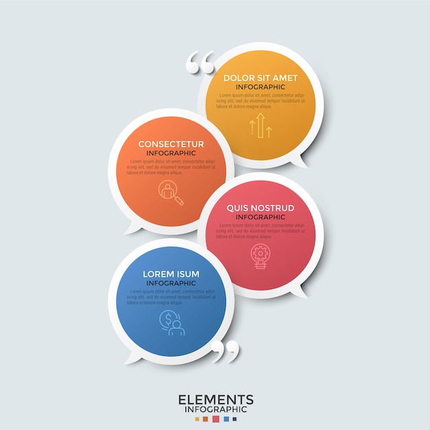 Cuatro coloridos bocadillos redondos superpuestos, símbolos de líneas finas, lugar para texto y comillas. concepto de diálogo o conversación. plantilla de diseño de infografía moderna.