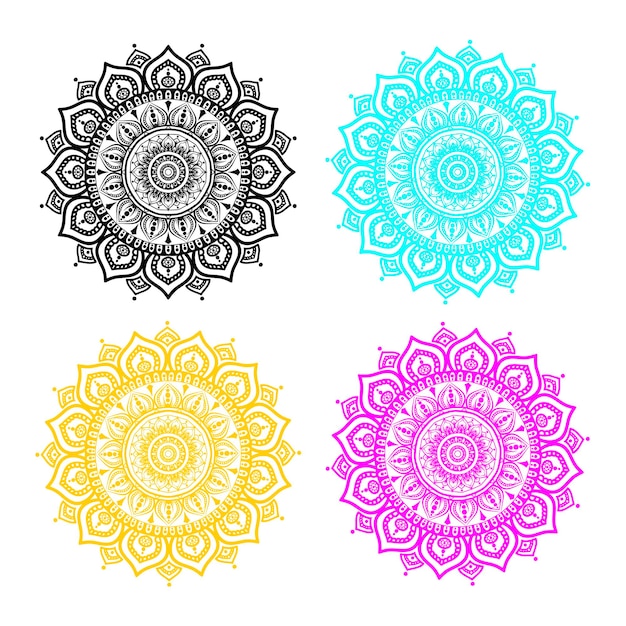Cuatro coloridos diseños de mandalas para meditación y propósitos decorativos