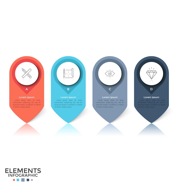 Cuatro coloridos elementos redondeados separados con símbolos lineales, letras y lugar para el texto en el interior. Concepto de 4 pines o marcas. Plantilla de diseño de infografía creativa. Ilustración de vector de folleto.