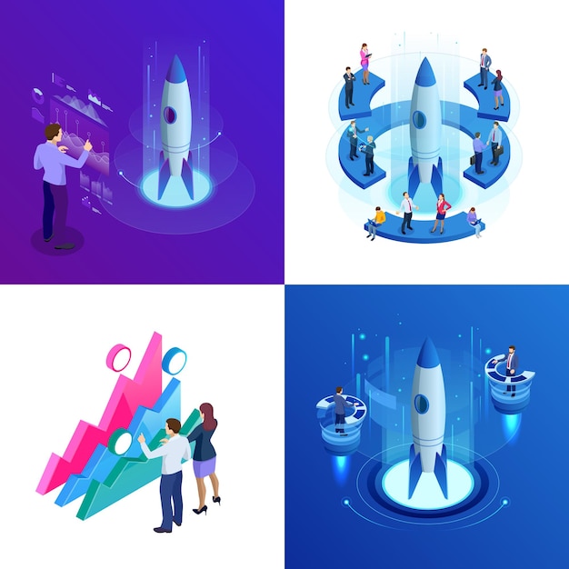 Cuatro conceptos isométricos de Businnes Start Up para página web, banner, presentación, redes sociales. Ingresos y Éxito. Ilustración de infografías de negocios vectoriales.