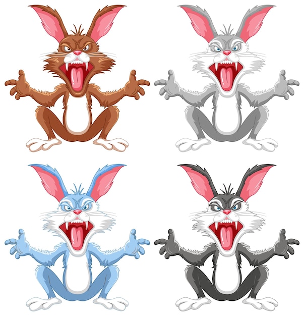 Cuatro conejos locos sentados en dibujos animados