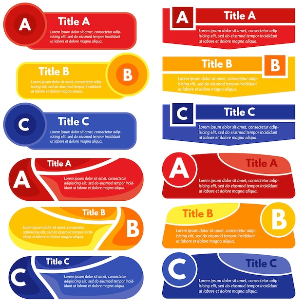 Cuatro conjuntos de tres elementos de diseño infográfico.