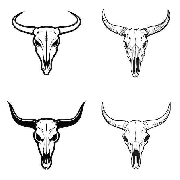 Cuatro cráneos de toro detallados Conjunto de ilustraciones del cráneo de vaca de cuerno largo Diseño de cliparts del cranio de vaca