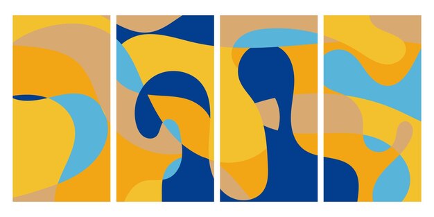 Cuatro cuadrados con formas abstractas en azul, amarillo y marrón