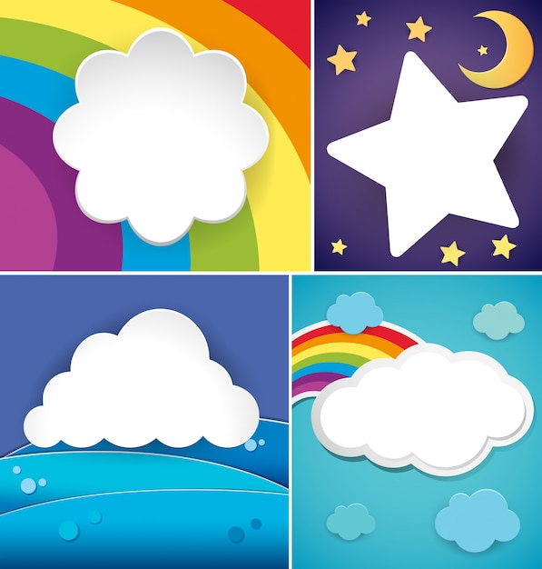 Cuatro diseños de banner con nubes y arco iris