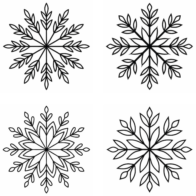 Cuatro diseños detallados de copos de nieve en blanco y negro