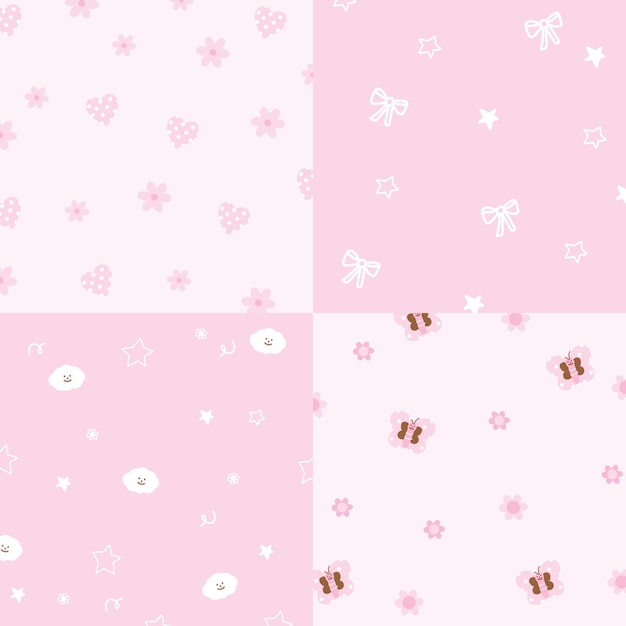 Cuatro diseños de fondo rosa pastel con cinta de flor de mariposa corazón de nube para el fondo del papel tapiz