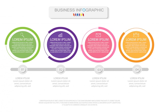 Cuatro elementos coloridos con iconos lineales, opciones o procesos. puede ser utilizado para la línea de tiempo