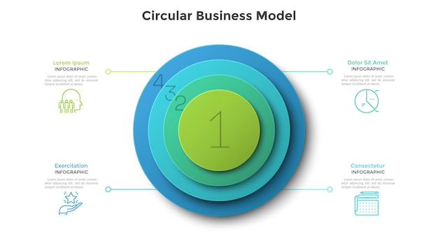 Cuatro elementos redondos de colores colocados uno sobre otro. concepto de cuatro pasos del desarrollo del proyecto de inicio. plantilla de diseño de infografía futurista. ilustración de vector realista para análisis de negocios.