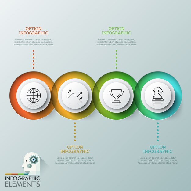 Cuatro elementos redondos traslúcidos superpuestos con pictogramas lineales en el interior colocados en línea horizontal y cuadros de texto. Concepto de cuatro pasos sucesivos para la finalización del proyecto.