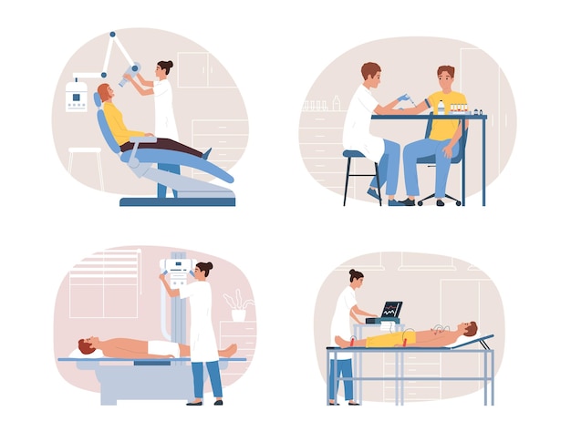 Vector cuatro equipos de diagnóstico médico conjunto de composición plana exámenes médicos con muestreo de sangre ultrasonido ecg ilustración vectorial