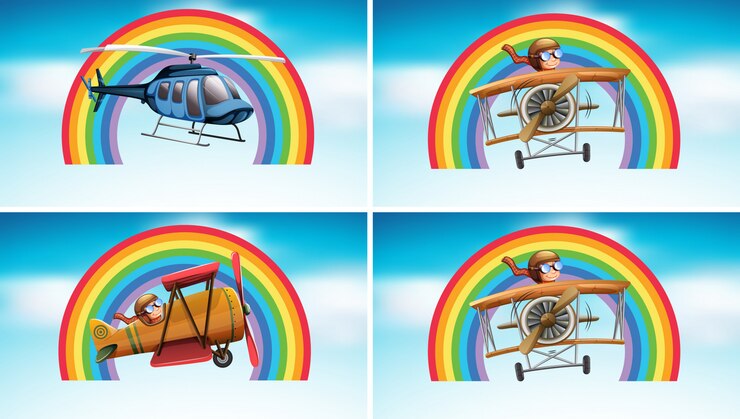 Vector cuatro escenas con avión volando en el cielo