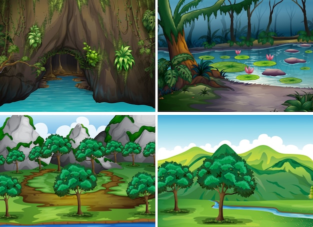 Vector cuatro escenas de bosques