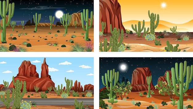 Cuatro escenas diferentes de paisaje de bosque desértico con varias plantas del desierto