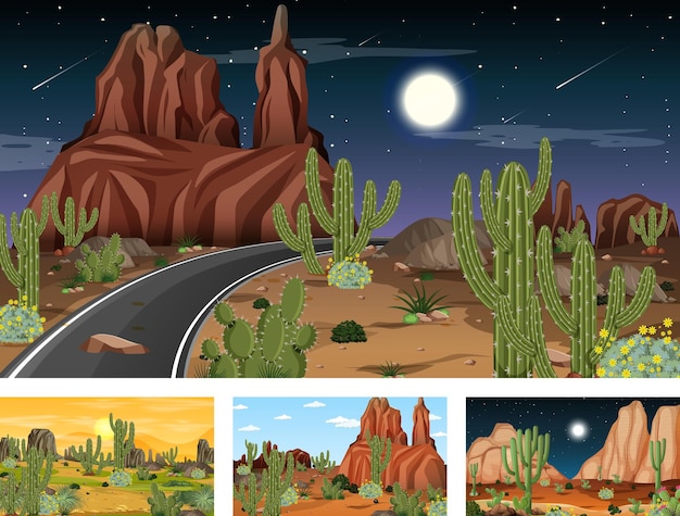 Cuatro escenas diferentes de paisaje de bosque desértico con varias plantas del desierto