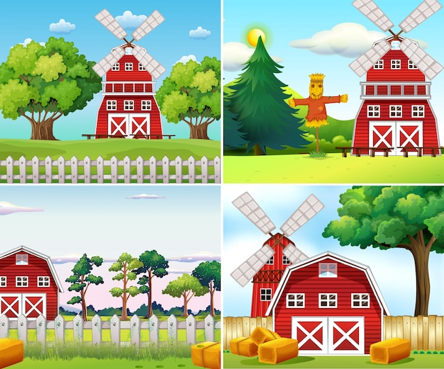 Vector cuatro escenas de granja con molinos de viento y graneros