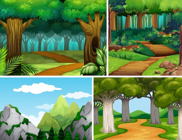 Cuatro escenas de naturaleza con bosque y montaña