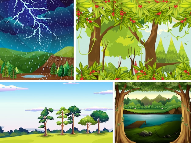 Cuatro escenas de la naturaleza diferente del estilo de dibujos animados de bosque y pantano