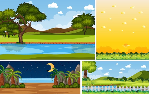 Vector cuatro escenas de la naturaleza diferentes de fondo con árboles verdes en diferentes momentos.