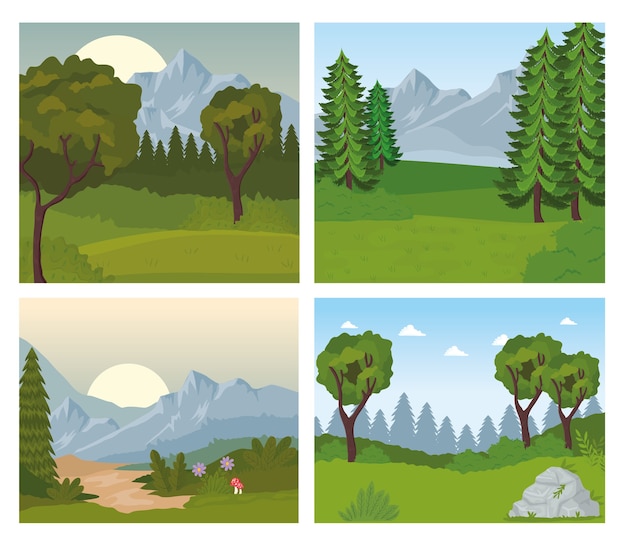 Vector cuatro escenas de paisajes con arboles.