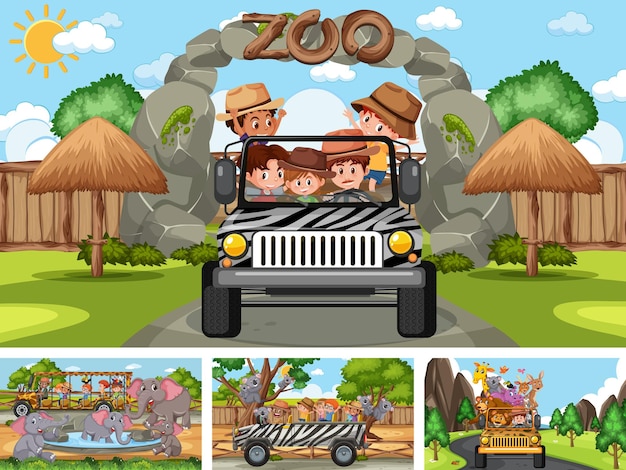 Vector cuatro escenas de zoológico diferentes con niños y animales.