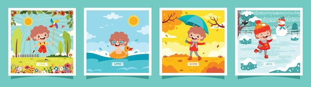 Cuatro estaciones con el niño de dibujos animados