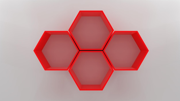 Vector cuatro estantes hexagonales vacíos rojos en maqueta 3d de pared blanca