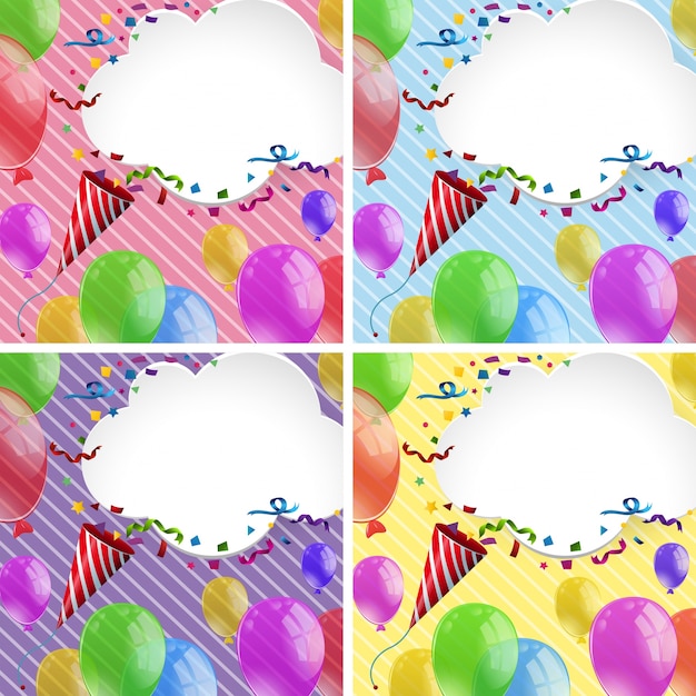 Cuatro fondos con cintas de fiesta y globos