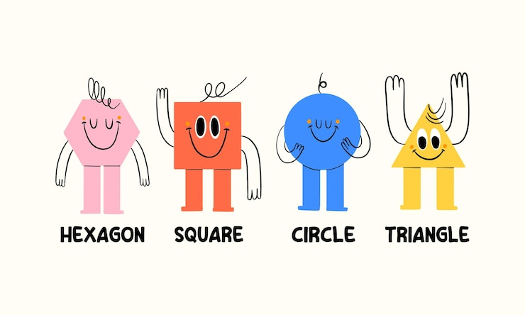 Vector cuatro formas sonrientes hexágono cuadrado círculo y triángulo