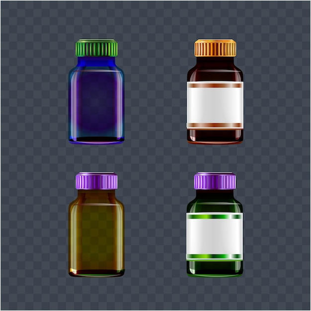 cuatro frascos diferentes de medicamento, incluido uno con una tapa púrpura