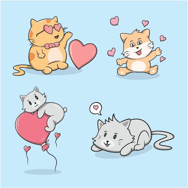 Cuatro gatos de dibujos animados con corazones que expresan amor y alegría en un fondo azul claro