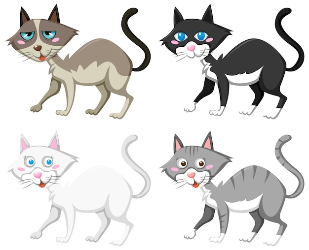 Vector cuatro gatos de dibujos animados diferentes