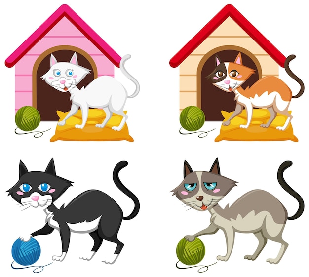 Vector cuatro gatos de dibujos animados diferentes